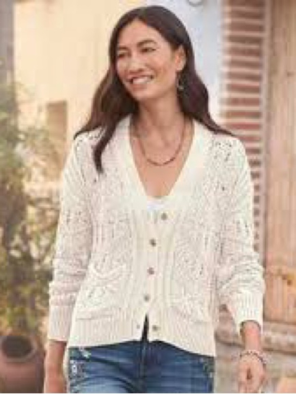 Sundance Cotton Crochet Knit V Neck Button Front Cardigan
